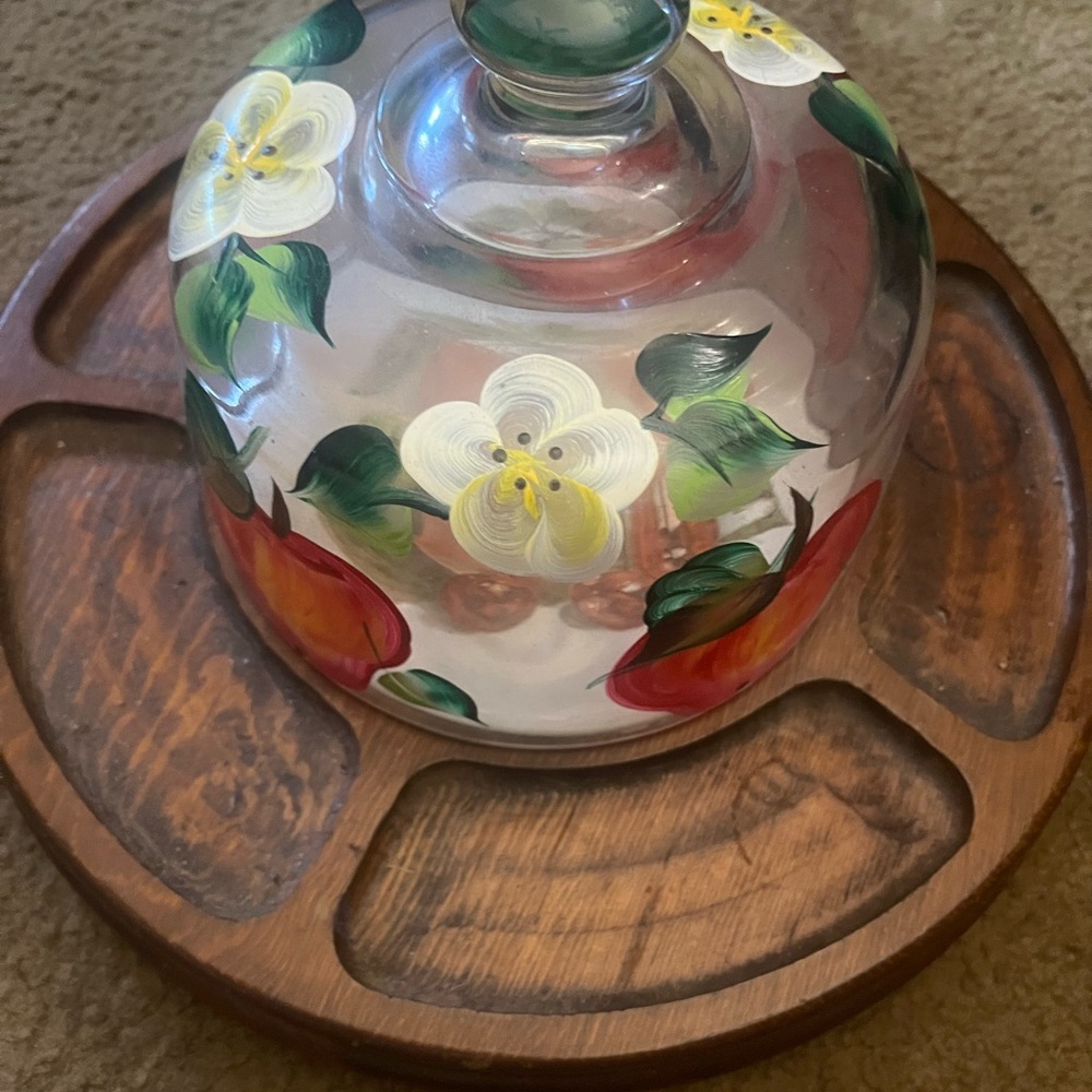 Hand-Painted Glass Cheese Dome with Wooden Base